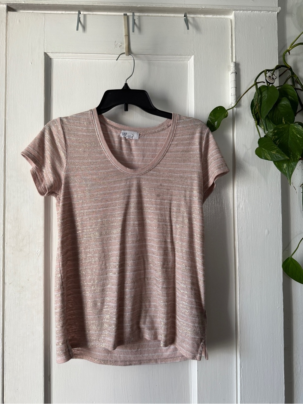 GAP Light Pink Metallic Stripe Short Sleeve Tee Linen Blend M